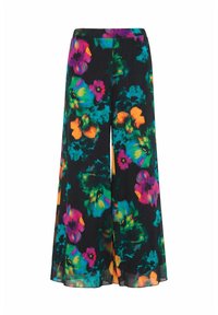 Černé kalhoty se širokými nohavicemi zdobené živými květinovými vzory v odstínech fialové, tyrkysové, oranžové a zelené. Vyrobené z lehké, splývavé látky.