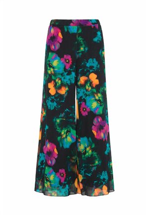 Pantalon noir à jambes larges avec des motifs floraux vibrants en violet, turquoise, orange et vert. Confectionné dans un tissu léger et fluide.