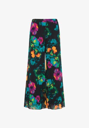 Sorte bukser med brede ben og levende blomsterprint i lilla, turkis, orange og grønne nuancer. Fremstillet af let, flydende stof.