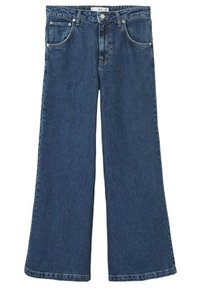 Modré vysoké kalhoty s širokými nohavicemi, s předním knoflíkem a zipem, poutky na opasek a designem s pěti kapsami.