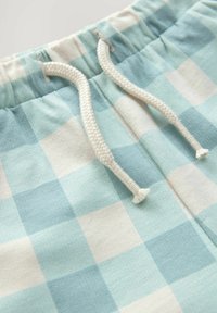 Shorts à carreaux bleu clair et blanc avec une texture douce et une taille élastique, dotés d'un cordon de serrage texturé et de coutures latérales.
