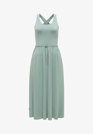 Mouwloze midi-jurk in saliegroen met gekruiste bandjes, elastisch trekkoord in de taille en drie kleine decoratieve knopen op de linkerschouder.