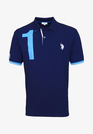 Marineblauw poloshirt met lichtblauw nummer "1" op de schouder, wit polospeler logo op de borst en gestreepte mouwboorden.