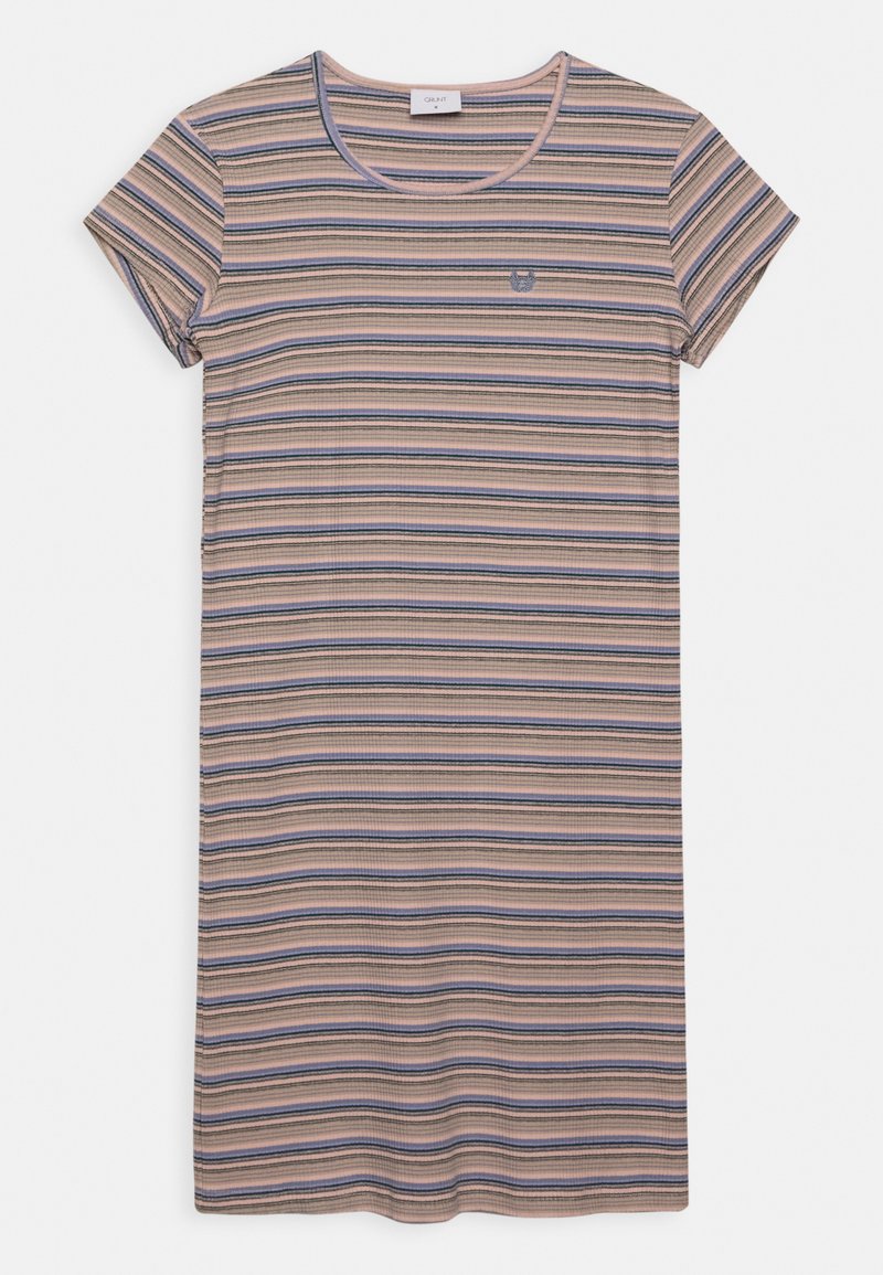 Vestido de t-shirt às riscas em tecido canelado, com cores pastel (pêssego, azul, creme) e mangas curtas. Pequeno logotipo no peito.