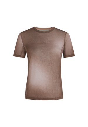 Camiseta deportiva ligera de manga corta en color marrón, con un patrón sutilmente texturizado y un pequeño logo "icebreaker" en el pecho.