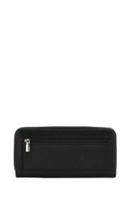 Portefeuille zippé noir en matériau texturé, avec une poche zippée à l'avant, de forme rectangulaire et au design minimaliste.