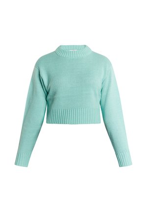 Pulover scurt în nuanță de verde mentă deschis, dintr-un material tricotat moale, având decolteu și tiv cu model din benzi. Mâneci lungi cu manșete ribbrate.