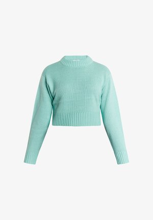 Pulover scurt în nuanță de verde mentă deschis, dintr-un material tricotat moale, având decolteu și tiv cu model din benzi. Mâneci lungi cu manșete ribbrate.