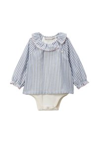Body à manches longues rayé bleu et blanc avec un col volanté, bordé de rose, et une fermeture à boutons pression blanche en bas. Tissu en coton doux.
