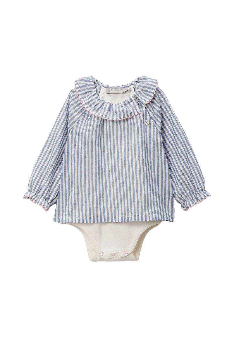 Body à manches longues rayé bleu et blanc avec un col volanté, bordé de rose, et une fermeture à boutons pression blanche en bas. Tissu en coton doux.