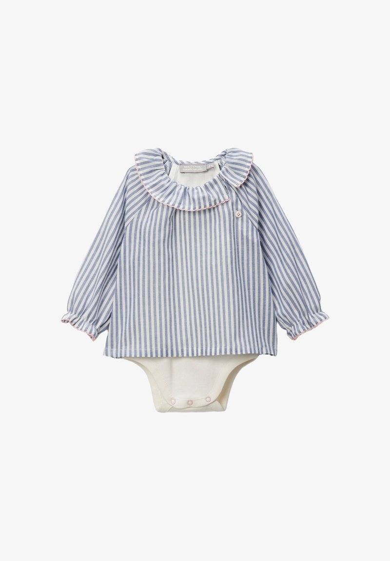 Body à manches longues rayé bleu et blanc avec un col volanté, bordé de rose, et une fermeture à boutons pression blanche en bas. Tissu en coton doux.