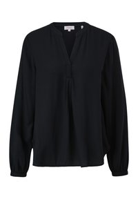 Blusa nera a maniche lunghe con scollatura a V e piega frontale. Presenta polsini arricciati e una vestibilità rilassata; realizzata in tessuto leggero.