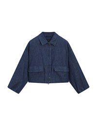 Giacca di jeans cropped blu scuro con maniche lunghe, colletto a punta, chiusura frontale con bottoni e due tasche a soffietto.