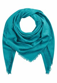 Foulard triangulaire turquoise avec motif tissé subtil et bords frangés, disposé en style drapé circulaire.