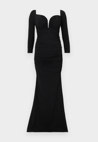 Μακρύ μαύρο βραδινό φόρεμα με τετράγωνη λαιμόκοψη, μακριά μανίκια, εφαρμοστό σουρωτό κορσέ και στενή φούστα που ανοίγει ελαφρώς στο τελείωμα.