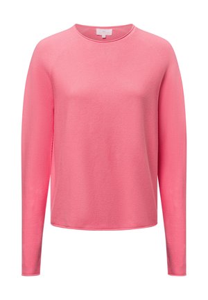 Pink long-sleeve sweater with a round neckline and textured ribbed fabric. Features a relaxed fit with subtle seam detailing at shoulders.
