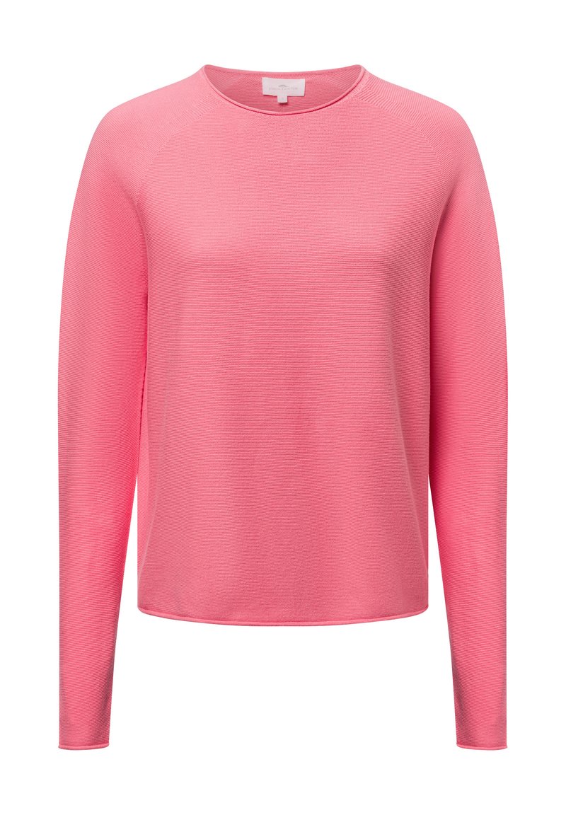 Rosa Langarmpullover mit Rundhalsausschnitt und strukturiertem Rippstoff. Bietet einen lockeren Schnitt mit dezenten Nahtdetails an den Schultern.