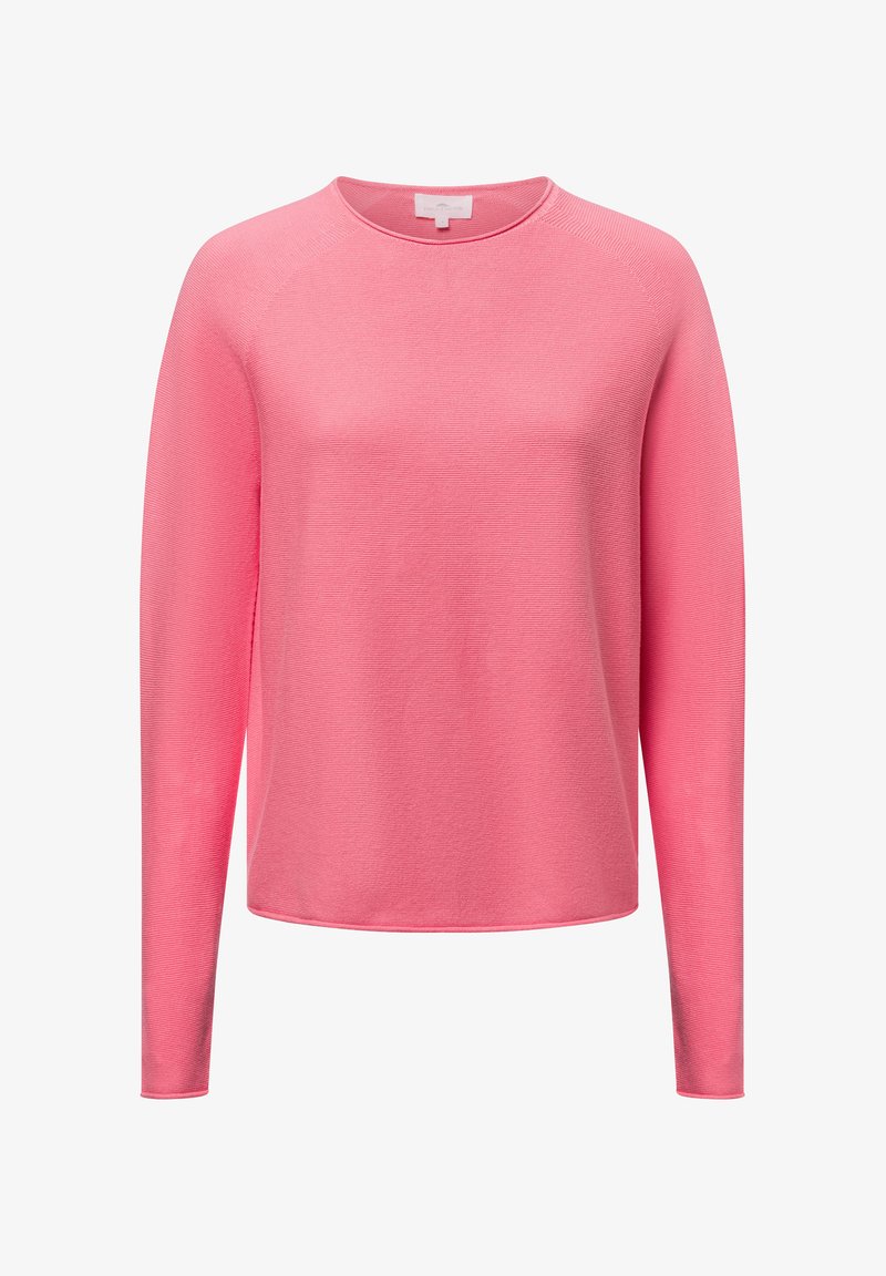 Rosa Langarmpullover mit Rundhalsausschnitt und strukturiertem Rippstoff. Bietet einen lockeren Schnitt mit dezenten Nahtdetails an den Schultern.