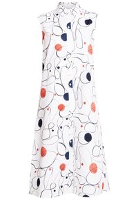 Abito senza maniche in tessuto bianco con linee e macchie astratte in blu navy, rosso e nero; chiusura frontale con bottoni, vestibilità comoda.
