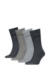 Cuatro pares de calcetines tipo tripulación en gris oscuro, gris medio, gris claro y tonos con patrones, con puños acanalados y logos sutiles.