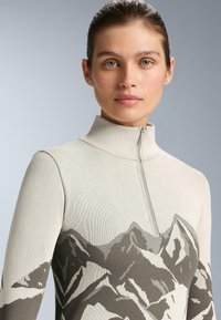 Bežový pulóver s vysokým golierom a polovičným zipsom; na hrudi sa nachádza grafika hôr v sivej a tmavších odtieňoch.