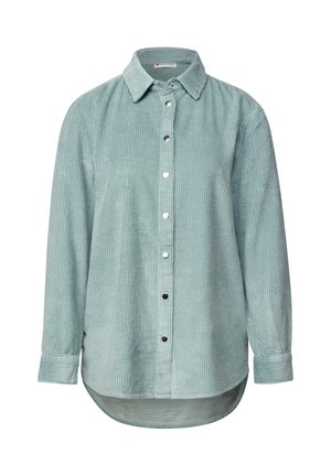 Chemise en corduroy bleu-vert clair à manches longues avec col et boutons-pression à l'avant, dotée d'un ourlet arrondi.