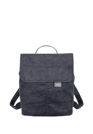 Mochila de CORDUROY gris oscuro con tapa frontal, asa superior, correas de hombro ajustables y pequeño parche rectángulo del logo en la parte frontal.