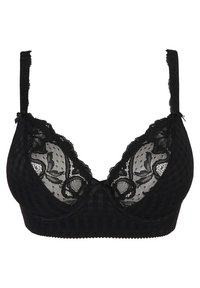 Czarny koronkowy biustonosz z wzorem w kratkę, zdobiony koronką w kwiaty, z regulowanymi ramiączkami i akcentem w postaci kokardki na środku.