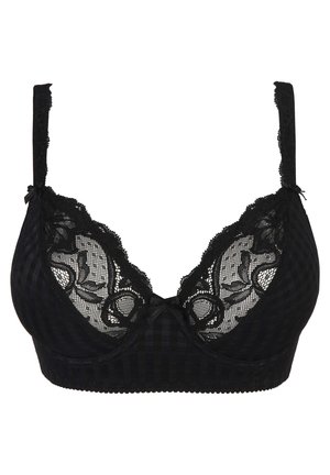 Reggiseno in pizzo nero con motivo a quadri, dettagli in pizzo floreale, spalline regolabili e un accento a fiocco al centro.