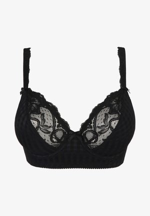 Reggiseno in pizzo nero con motivo a quadri, dettagli in pizzo floreale, spalline regolabili e un accento a fiocco al centro.