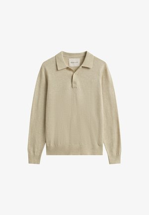 Beige lange mouw polo trui met kraag en twee knoopsgat, geribbelde manchetten en zoom.