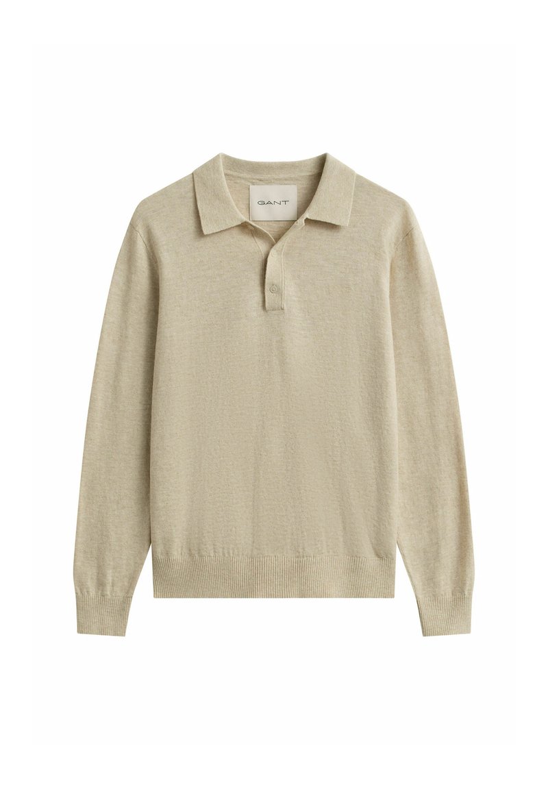 Pull polo beige à manches longues avec col et patte à deux boutons, poignets et ourlet côtelés.