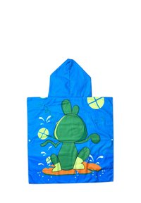 Blå huva poncho med en grön tecknad groda-design och gula accenter samt splaschmönster. Tillverkad av mjukt, absorberande tyg.