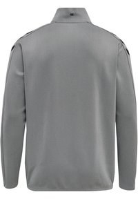 Grå sweatshirt med hög krage, långa ärmar och svarta detaljer på axlarna. Tillverkad av ett mjukt, strukturerat tyg.