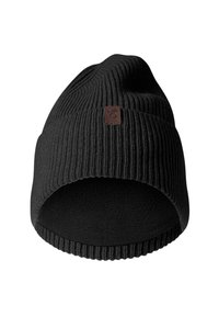 Black ribbed beanie hat featuring a flat fleece lining and a small brown leather logo patch on the side.