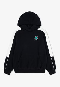 Μαύρη φούτερ ζακέτα με λευκές πλευρικές ρίγες, μπροστινή τσέπη καγκουρό και μικρό λογότυπο Converse στο στήθος. Κατασκευασμένη από μαλακό, ζεστό ύφασμα.