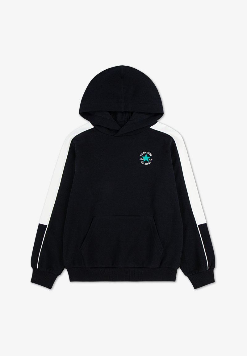 Sweat à capuche noir avec des bandes blanches sur les côtés, une poche kangourou à l'avant et un petit logo Converse sur la poitrine. Confectionné dans un tissu doux et chaud.