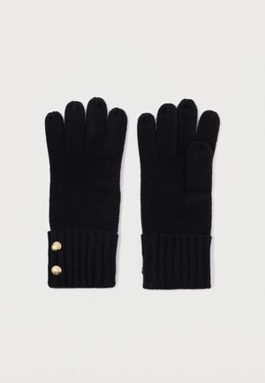 Gants en tricot noirs avec un poignet côtelé, ornés de deux boutons dorés à chaque poignet. Le design comprend cinq doigts et une texture douce.