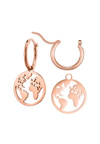 Ohrringe aus Roségold mit durchbrochenen Globusdesigns, glatter Textur und kreisförmiger Form, die detaillierte Umrisse einer Weltkarte zeigen.