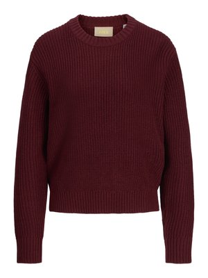 Burgundia värvi kootud ümarkaelusega kampsun pikkade varrukate ja soonikkoes mansettide ning äärega, millel on tekstuuriga mustriga silmused.