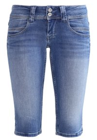 Denim-bermudashortsit, vaaleansininen pesu, kaksi taskua ompeludetaljeilla, kaksoisnapitus, suora leikkaus, polvenpituinen.