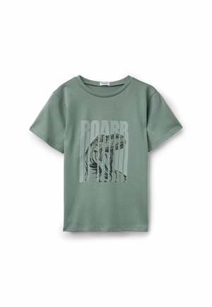 Grünes Kinder-T-Shirt mit kurzen Ärmeln und einem brüllenden Dinosaurier-Motiv sowie dem Schriftzug "ROARR" auf der Vorderseite.