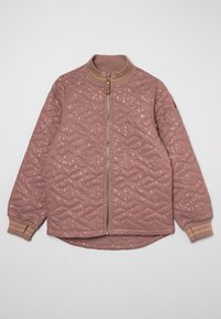 Gevoerde jas in stofroze met geometrisch patroon, gouden spikkels, ritssluiting en geribbelde manchetten met gouden streepaccenten.