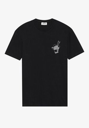 Zwarte katoenen t-shirt met een grafisch ontwerp van een afhaaldoos met eetstokjes op de linkerkant van de borst. Kortemouwen en een ronde hals.