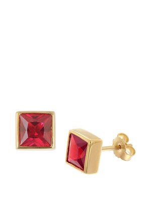 Gold stud earrings with square-cut deep red gemstones set in a simple bezel setting and butterfly back closures.