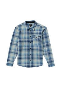 Camisa de franela a cuadros en azul y azul claro, con mangas largas, botones negros y un bolsillo en el pecho, que presenta un material suave y texturizado.