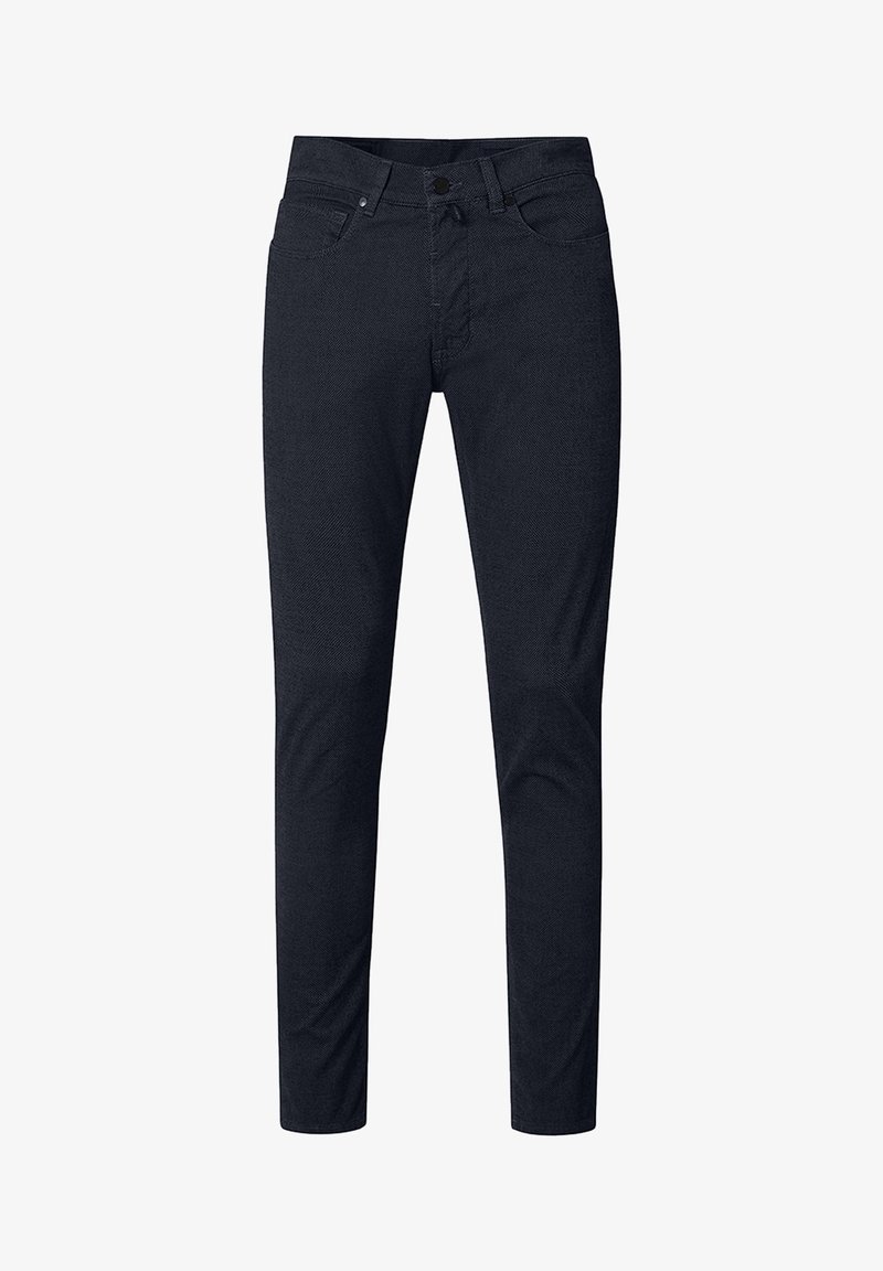 Marineblaue Denim-Jeans mit schmaler Passform, fünf Taschen, sichtbaren Nähten und einem vorderen Knopfverschluss. Glatte Textur mit leichter Dehnbarkeit.