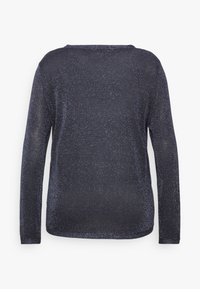Dark blue long-sleeve top with a textured, sparkly finish. Features a boat neckline and a relaxed fit, with rounded hem edges.