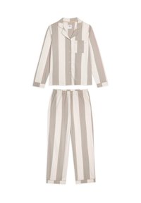 Set di pigiama a righe in beige e crema, composto da una camicia con bottoni e taschino sul petto e pantaloni con vita elastica e fondo a polsino.