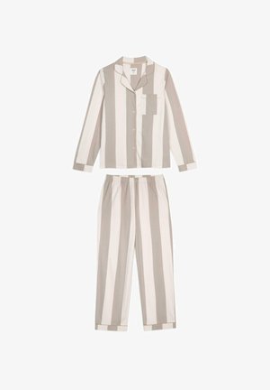 Pruhovaný pyžamový set v béžové a krémové barvě, obsahující košili na knoflíky s kapsou na hrudi a kalhoty s elastickým pasem a manžetami na koncích.
